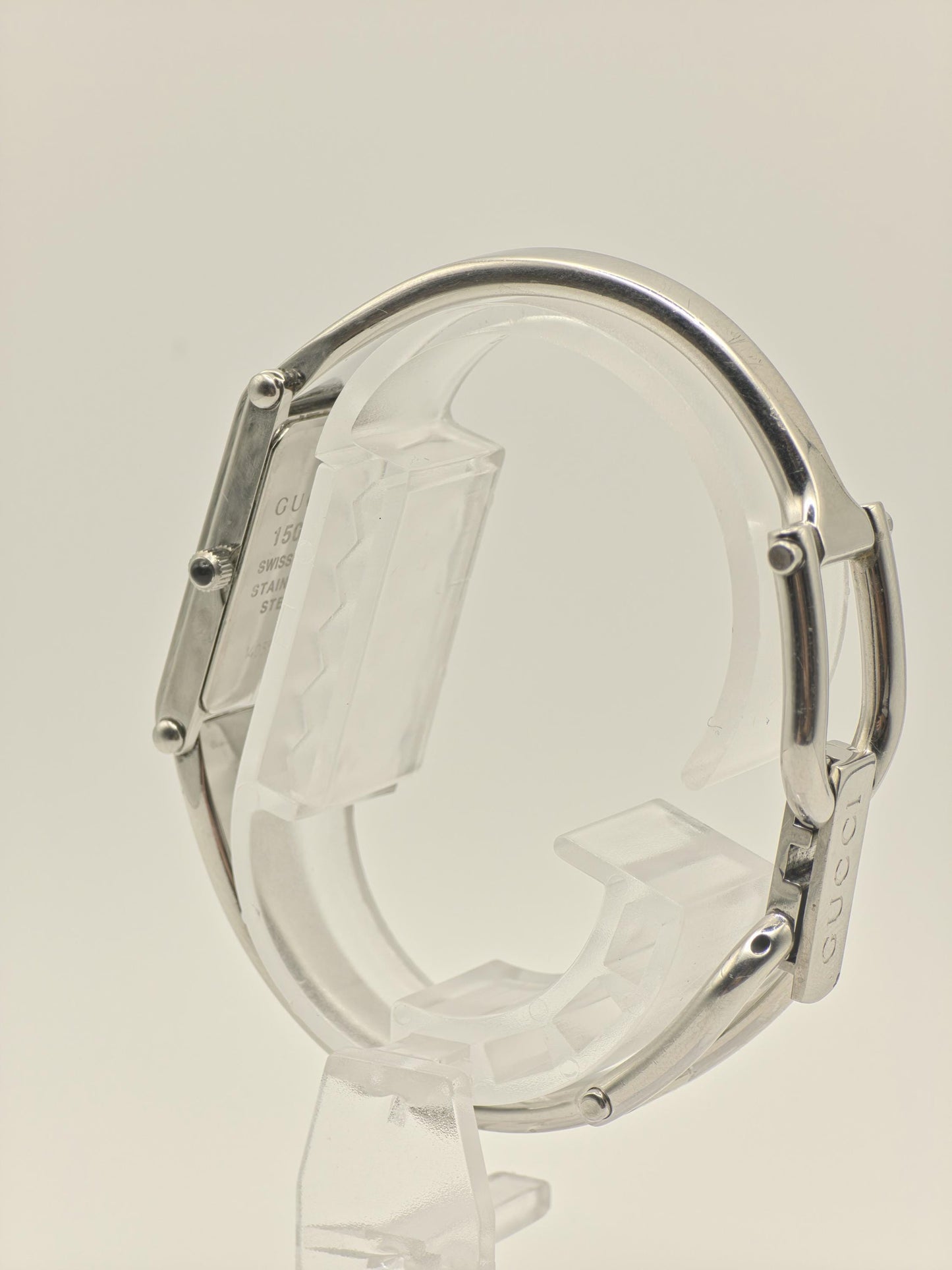 Gucci 1500L Womens Silver Bangle Watch Swiss Made Quartz GG Monogram Dial With Box And Warranty