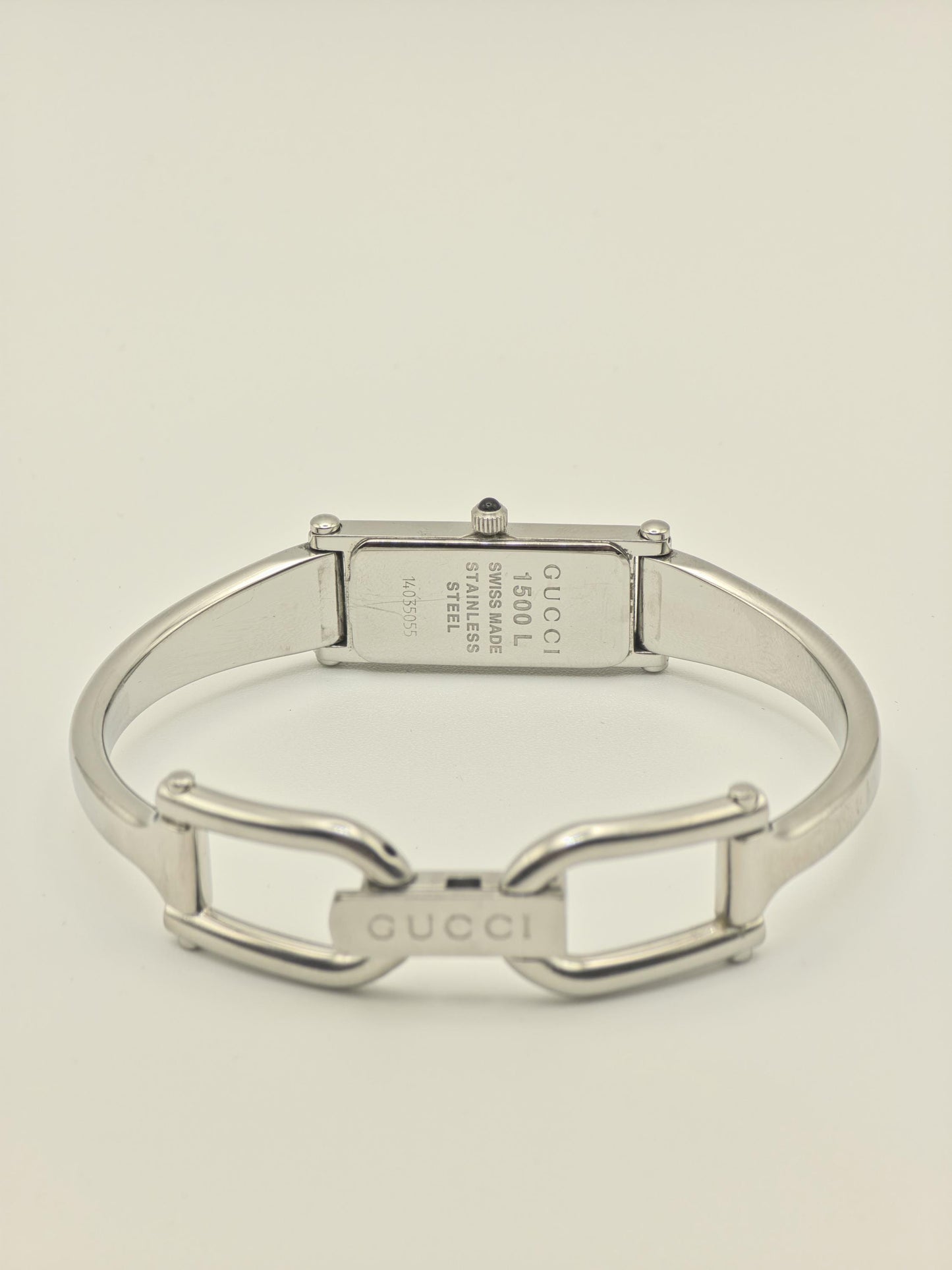 Gucci 1500L Womens Silver Bangle Watch Swiss Made Quartz GG Monogram Dial With Box And Warranty
