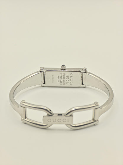 Gucci 1500L Womens Silver Bangle Watch Swiss Made Quartz GG Monogram Dial With Box And Warranty