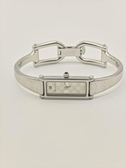 Gucci 1500L Womens Silver Bangle Watch Swiss Made Quartz GG Monogram Dial With Box And Warranty