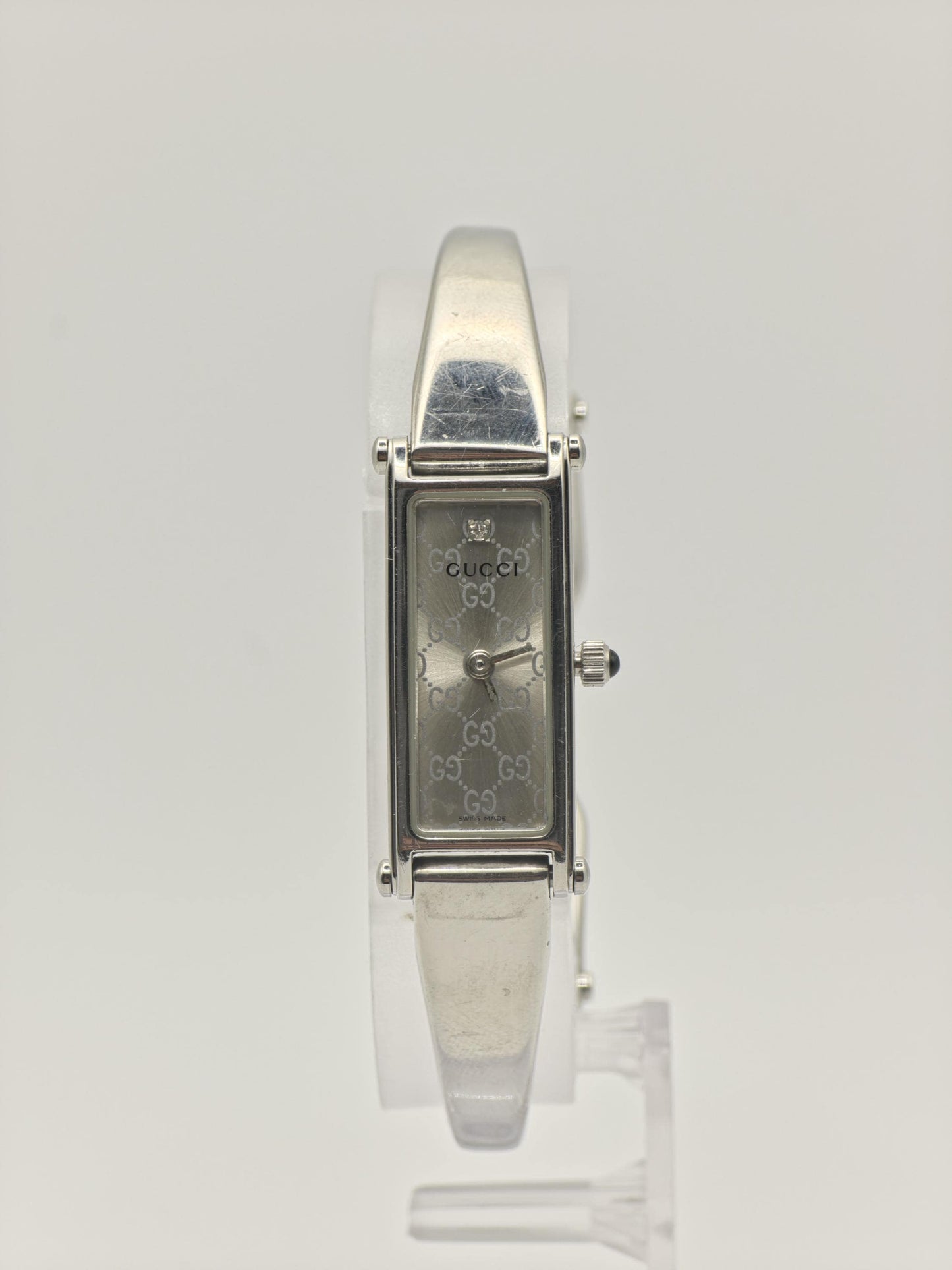 Gucci 1500L Womens Silver Bangle Watch Swiss Made Quartz GG Monogram Dial With Box And Warranty