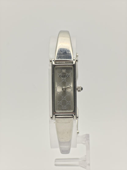 Gucci 1500L Womens Silver Bangle Watch Swiss Made Quartz GG Monogram Dial With Box And Warranty