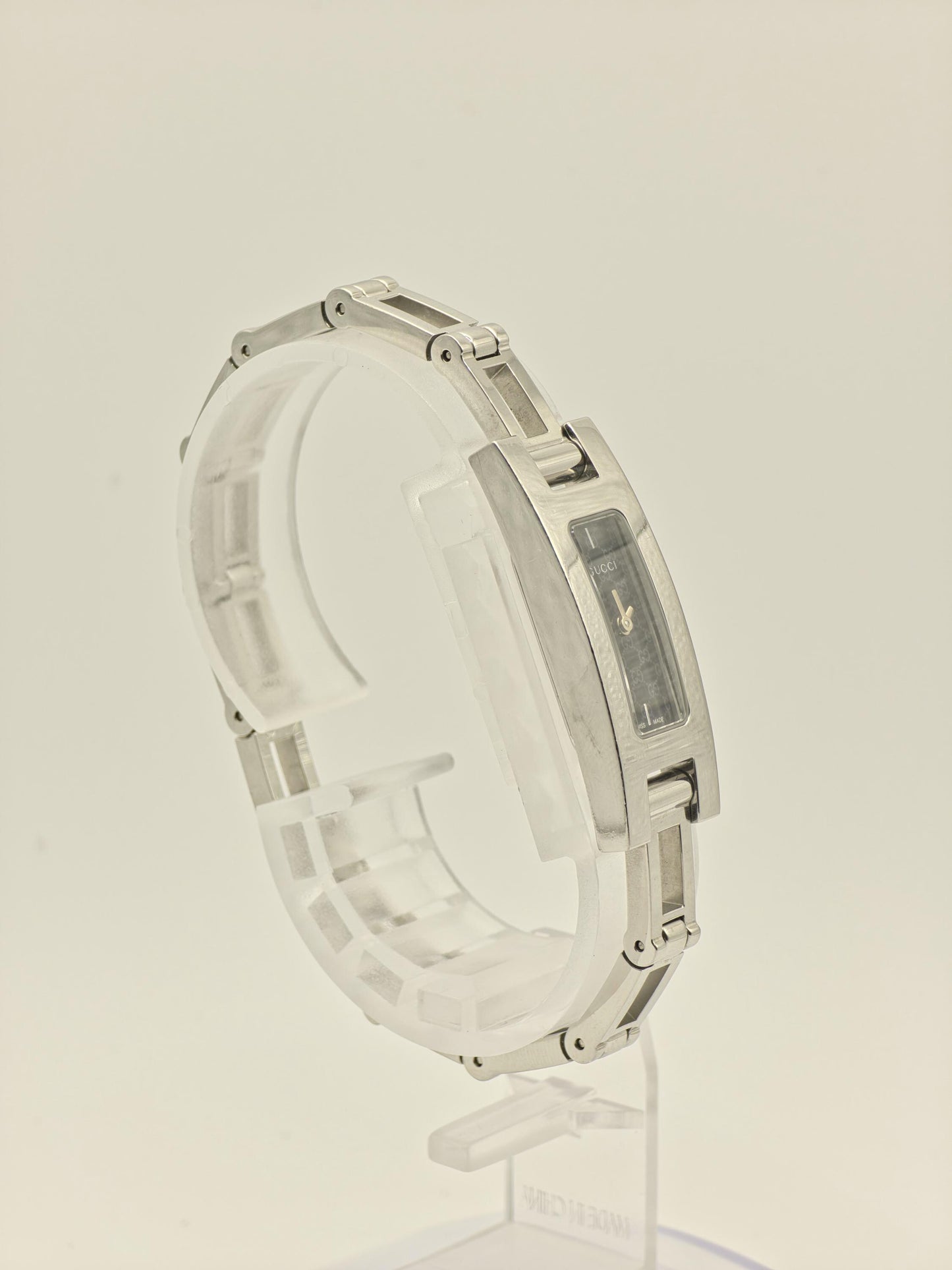 Gucci 3900L Womens Stainless Steel Bangle Watch Black GG Dial Swiss Made Full Set With Box Warranty And Receipt