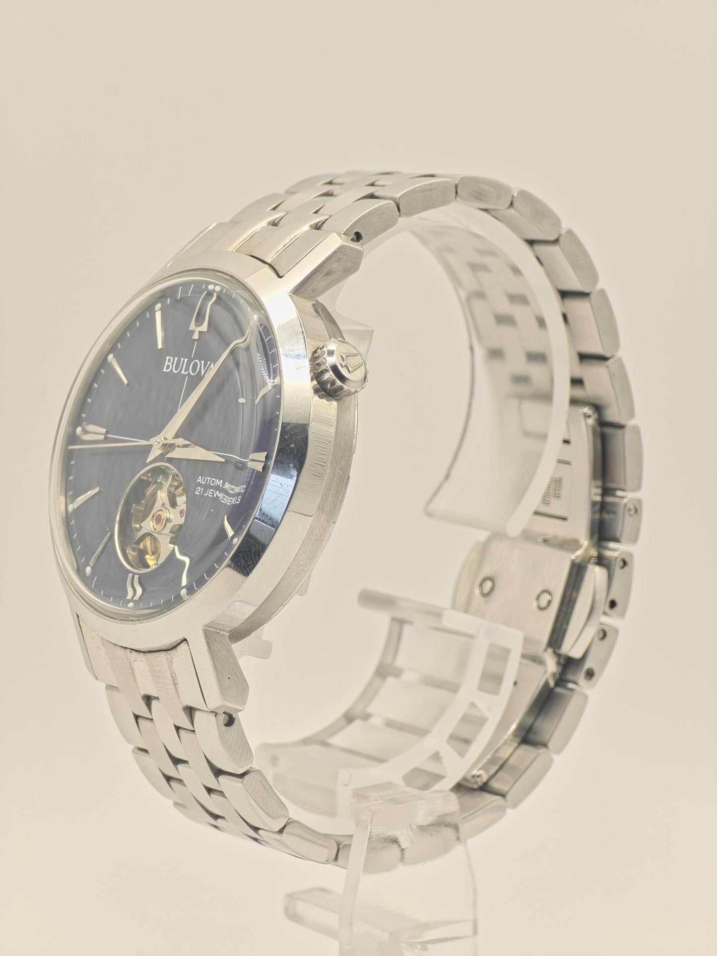 Bulova Automatic Watch, Stainless Steel, Blue Open Heart - Model 96A320 (Box & Papers)