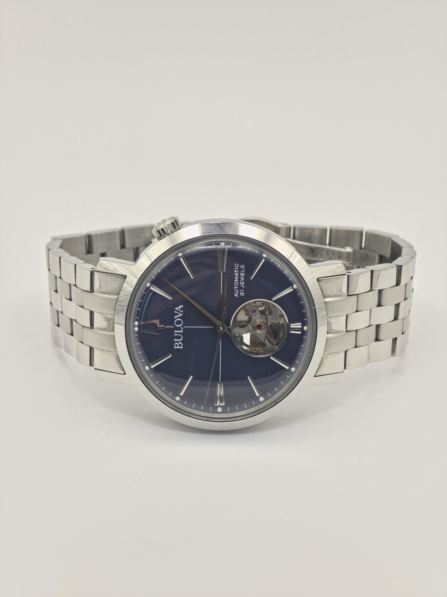 Bulova Automatic Watch, Stainless Steel, Blue Open Heart - Model 96A320 (Box & Papers)