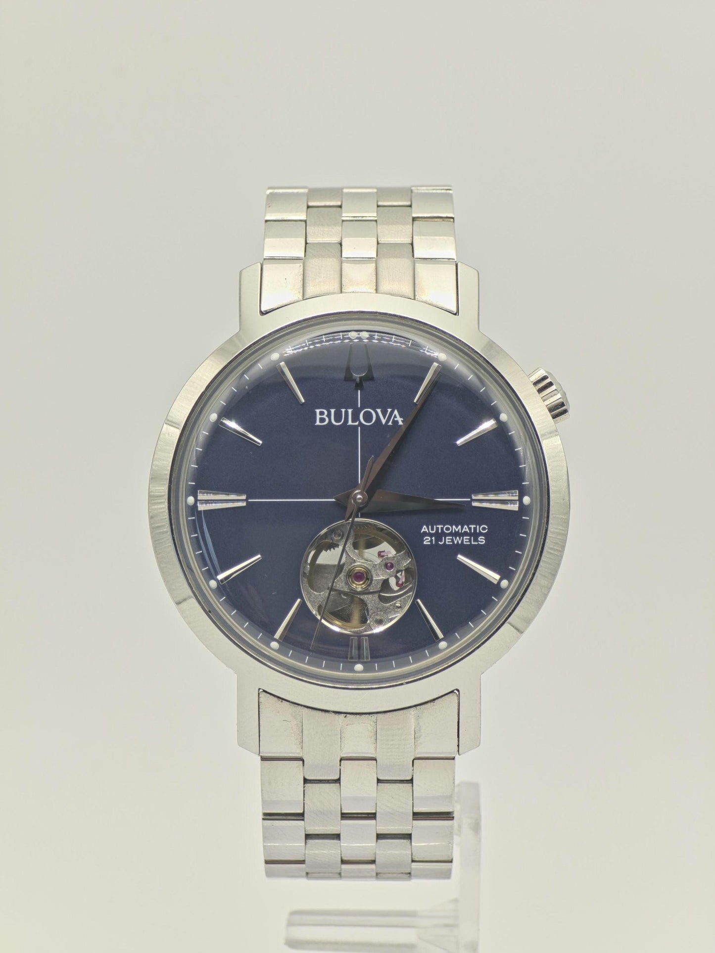 Bulova Automatic Watch, Stainless Steel, Blue Open Heart - Model 96A320 (Box & Papers)