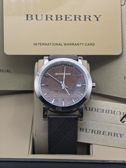 Burberry BU1775 Men's Swiss Watch: Check Dial, Leather Strap, Date