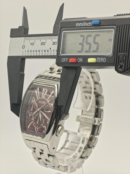 Elgin FK1215SL Chronograph Watch: Stainless Steel, Red Dial, Vintage Style