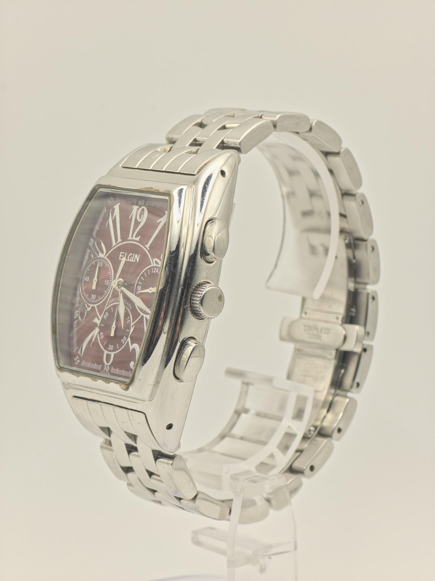 Elgin FK1215SL Chronograph Watch: Stainless Steel, Red Dial, Vintage Style