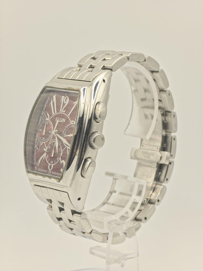 Elgin FK1215SL Chronograph Watch: Stainless Steel, Red Dial, Vintage Style
