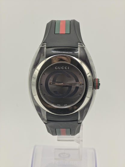 Gucci Sync Black Mens Watch Swiss Quartz Black Dial Rubber Strap Box Papers Modern Sports Style