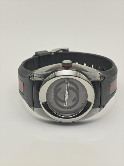 Gucci Sync Black Mens Watch Swiss Quartz Black Dial Rubber Strap Box Papers Modern Sports Style