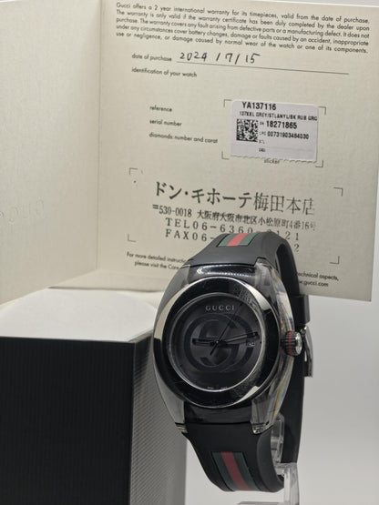 Gucci Sync Black Mens Watch Swiss Quartz Black Dial Rubber Strap Box Papers Modern Sports Style