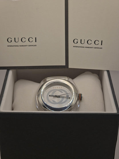Gucci Sync White Mens Watch Swiss Quartz Silver Dial Rubber Strap Box Papers Modern Designer Sports Style