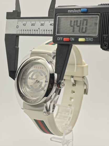Gucci Sync White Mens Watch Swiss Quartz Silver Dial Rubber Strap Box Papers Modern Designer Sports Style