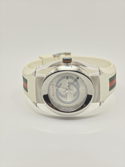 Gucci Sync White Mens Watch Swiss Quartz Silver Dial Rubber Strap Box Papers Modern Designer Sports Style