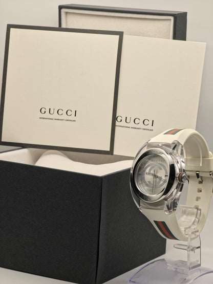 Gucci Sync White Mens Watch Swiss Quartz Silver Dial Rubber Strap Box Papers Modern Designer Sports Style