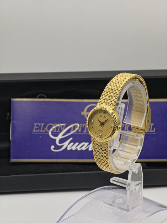 Elgin FK279 Ladies Gold Dress Watch Quartz Mesh Bracelet Diamond Markers Vintage Style Box Guarantee