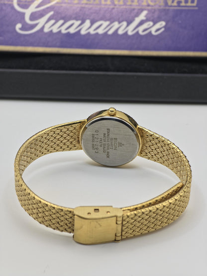 Elgin FK279 Ladies Gold Dress Watch Quartz Mesh Bracelet Diamond Markers Vintage Style Box Guarantee