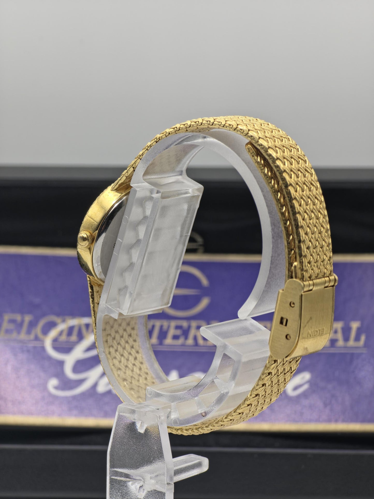 Elgin FK279 Ladies Gold Dress Watch Quartz Mesh Bracelet Diamond Markers Vintage Style Box Guarantee