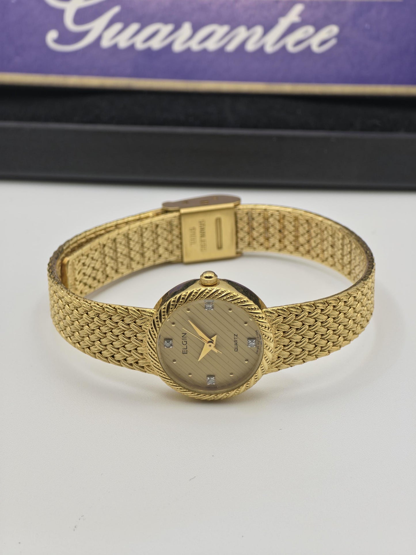 Elgin FK279 Ladies Gold Dress Watch Quartz Mesh Bracelet Diamond Markers Vintage Style Box Guarantee