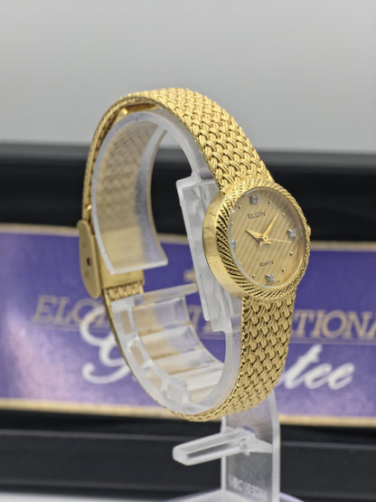 Elgin FK279 Ladies Gold Dress Watch Quartz Mesh Bracelet Diamond Markers Vintage Style Box Guarantee