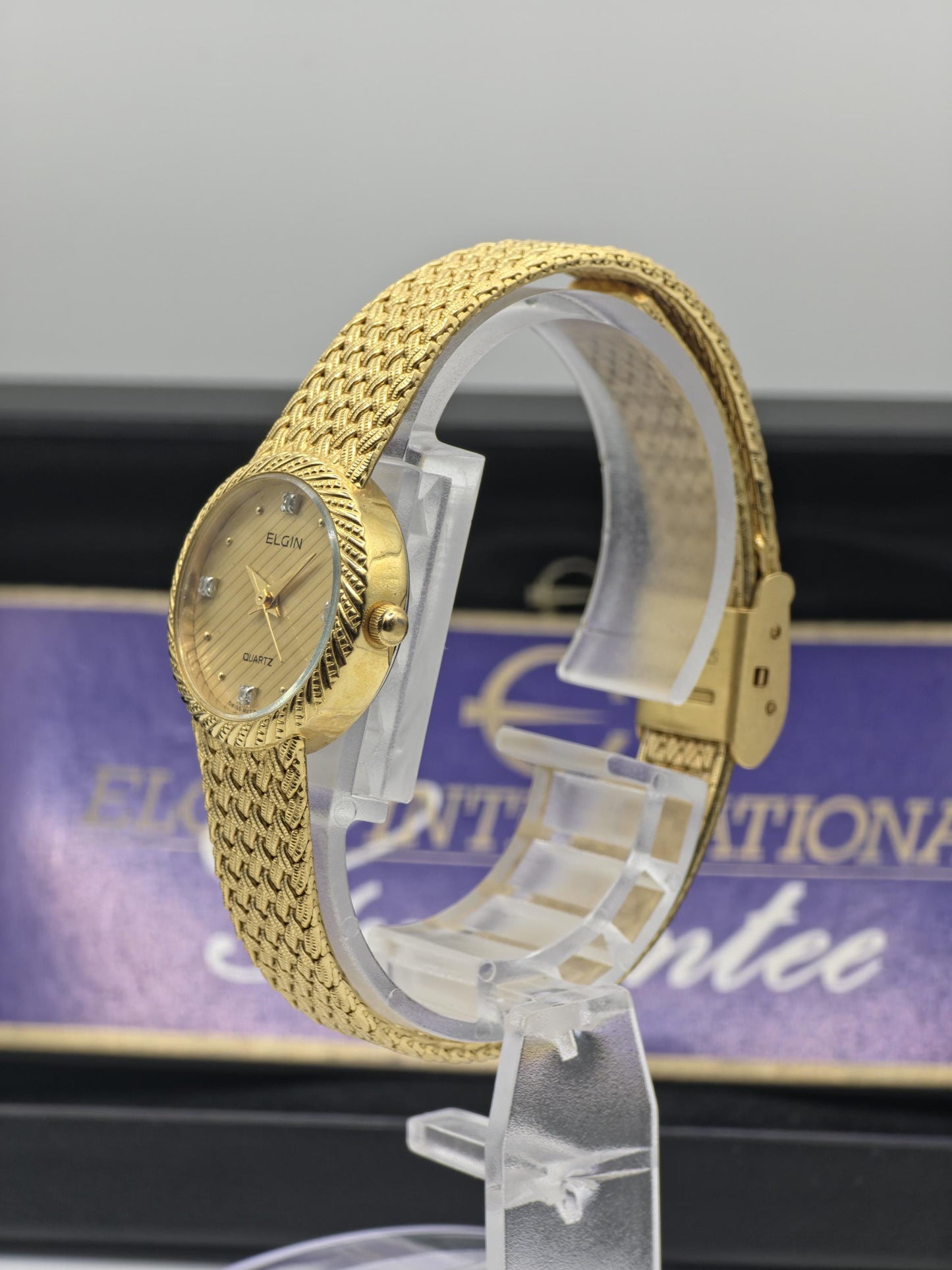 Elgin FK279 Ladies Gold Dress Watch Quartz Mesh Bracelet Diamond Markers Vintage Style Box Guarantee