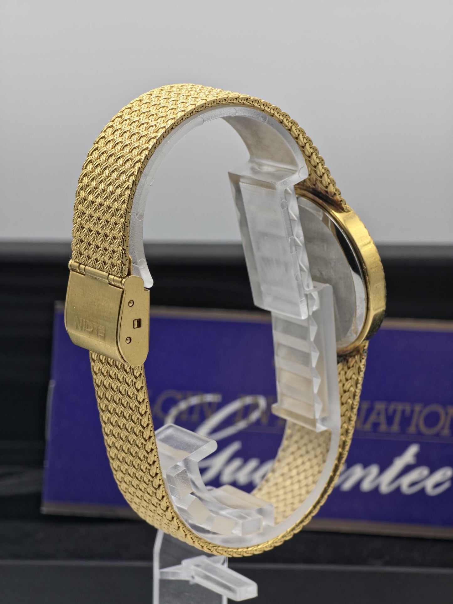 Elgin FK278 Mens Gold Tone Mesh Bracelet Quartz Watch Diamond Markers Vintage Dress Style