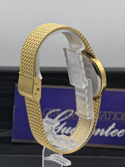 Elgin FK278 Mens Gold Tone Mesh Bracelet Quartz Watch Diamond Markers Vintage Dress Style