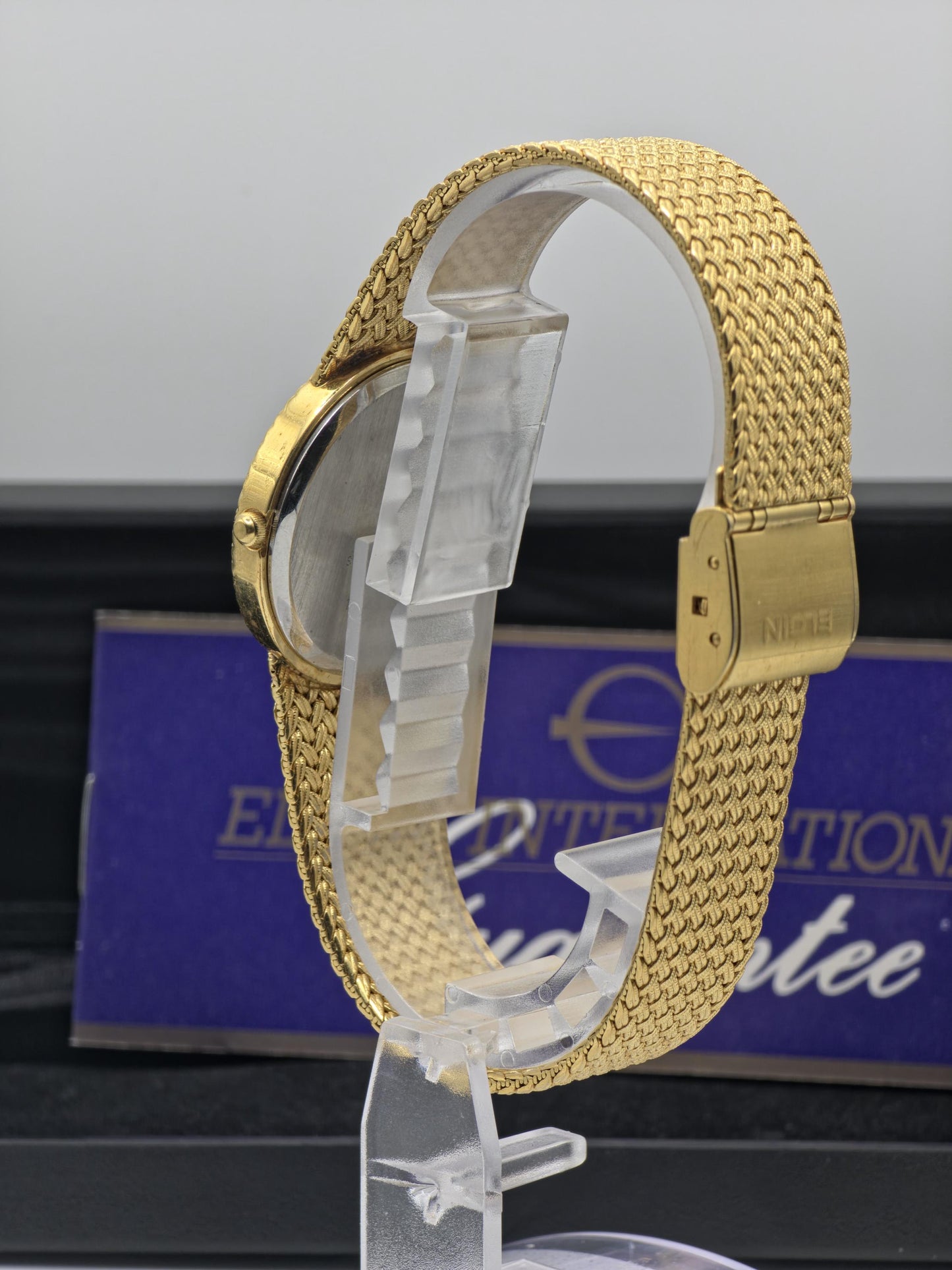 Elgin FK278 Mens Gold Tone Mesh Bracelet Quartz Watch Diamond Markers Vintage Dress Style
