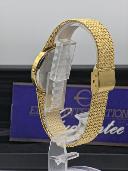 Elgin FK278 Mens Gold Tone Mesh Bracelet Quartz Watch Diamond Markers Vintage Dress Style