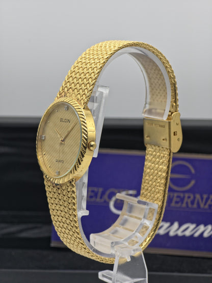 Elgin FK278 Mens Gold Tone Mesh Bracelet Quartz Watch Diamond Markers Vintage Dress Style
