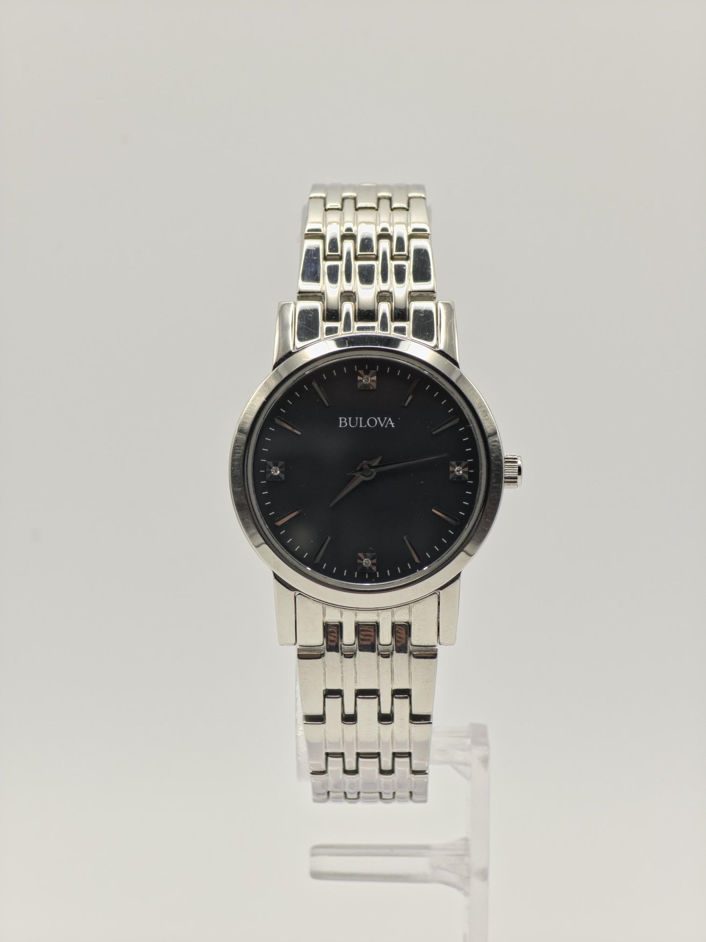 Bulova 96P148 Ladies Stainless Steel Sapphire Glass Black Dial Quartz Wristwatch Elegant Classic Dress Watch