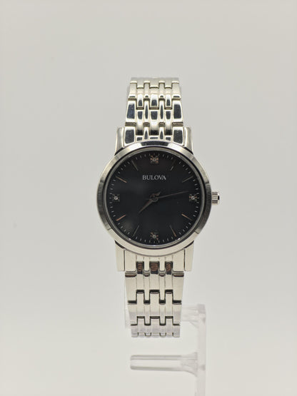 Bulova 96P148 Ladies Stainless Steel Sapphire Glass Black Dial Quartz Wristwatch Elegant Classic Dress Watch