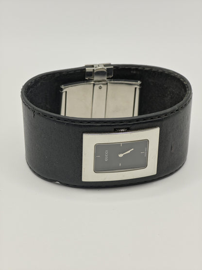Gucci 7800L Unisex Watch – Black Leather Cuff Strap – Rectangular Stainless Steel Case – Swiss Made Quartz