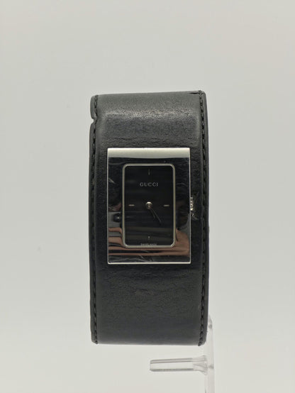 Gucci 7800L Unisex Watch – Black Leather Cuff Strap – Rectangular Stainless Steel Case – Swiss Made Quartz