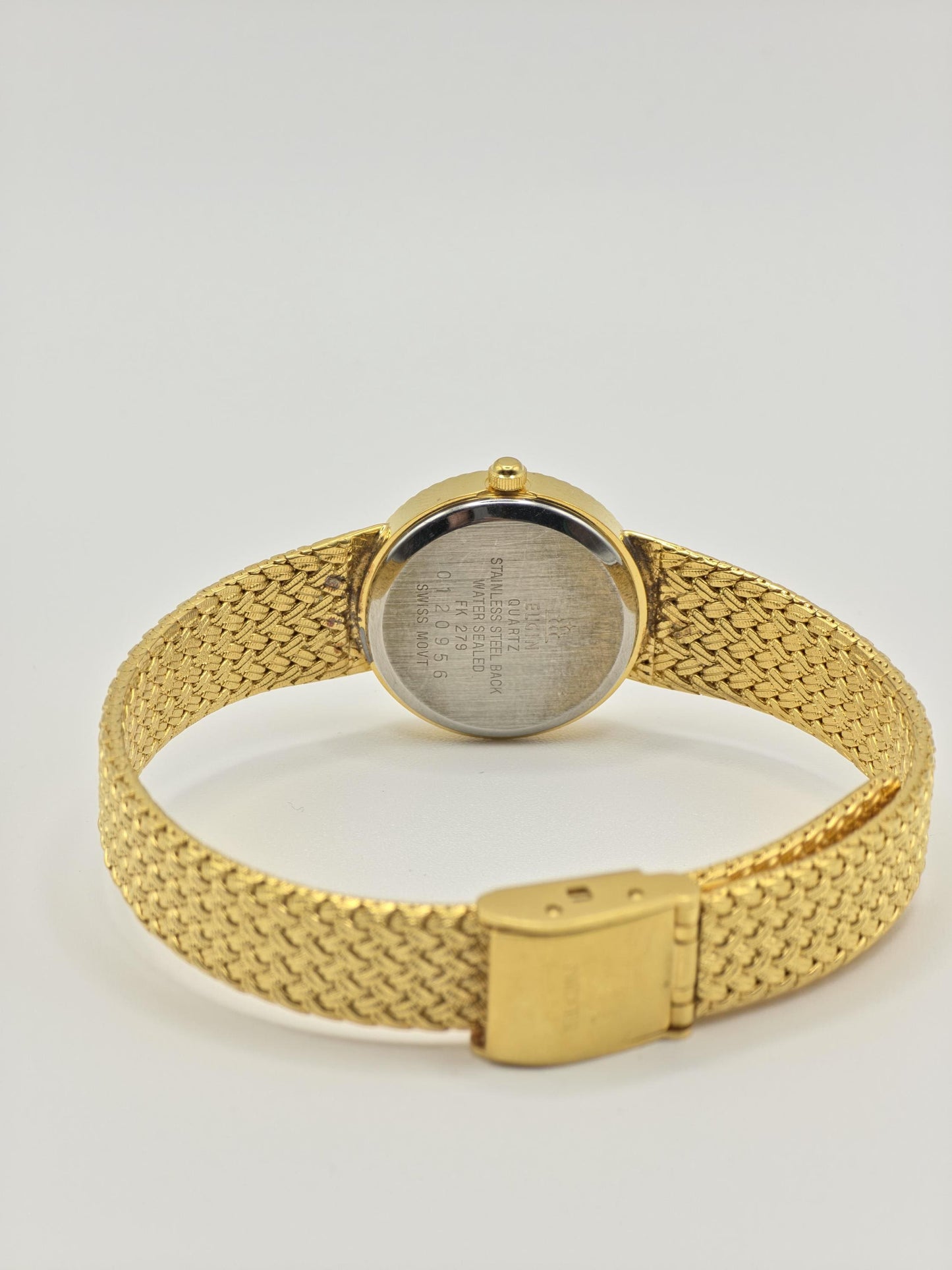 Elgin FK279 Gold Tone Ladies Quartz Watch – Textured Bracelet, Diamond-Style Markers, Swiss Made