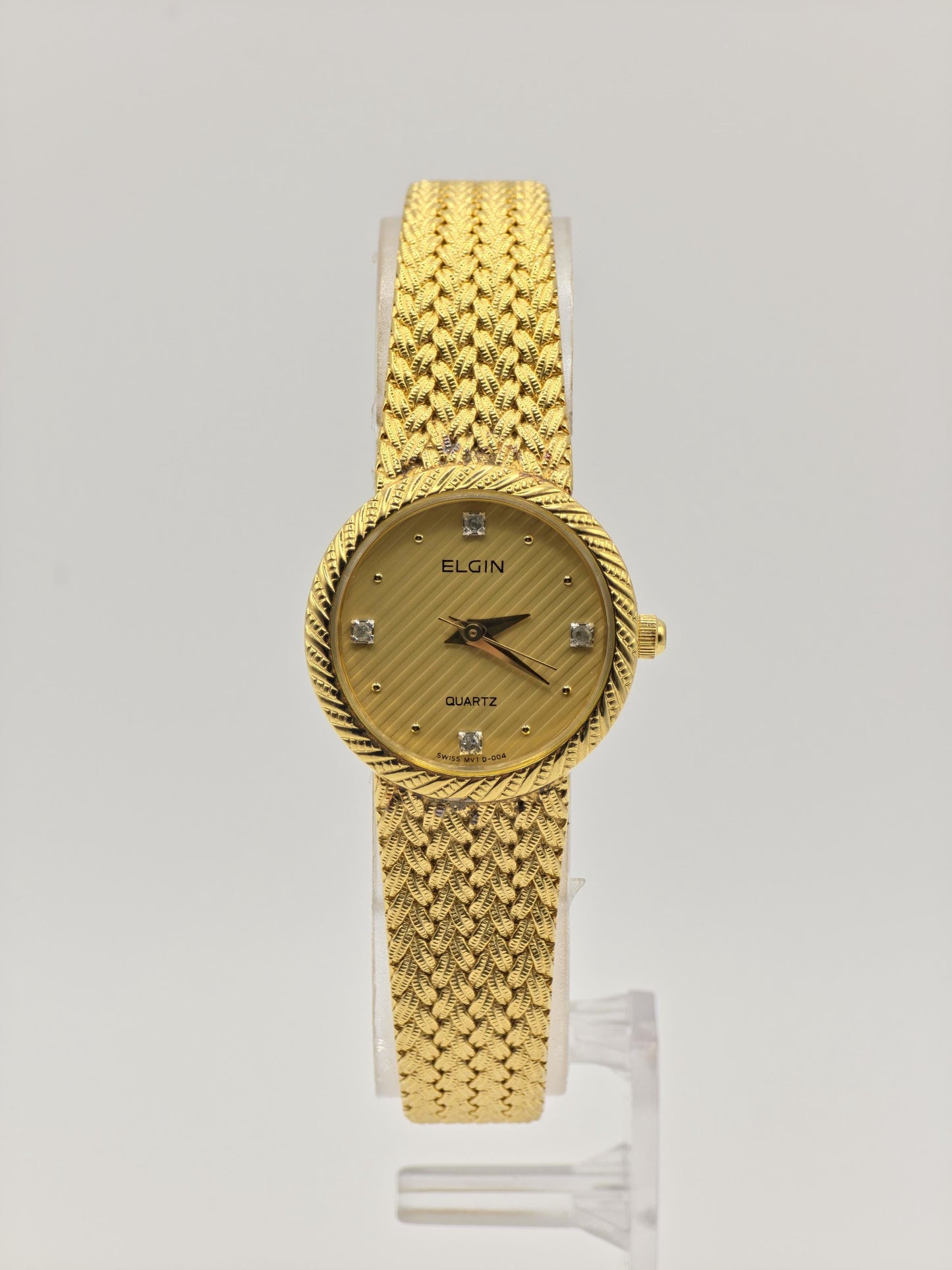Elgin FK279 Gold Tone Ladies Quartz Watch – Textured Bracelet, Diamond-Style Markers, Swiss Made