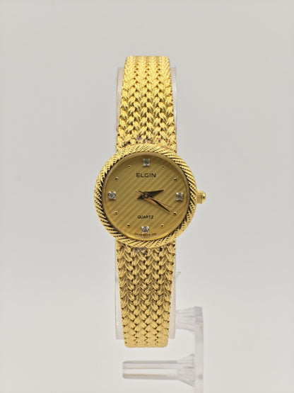 Elgin FK279 Gold Tone Ladies Quartz Watch – Textured Bracelet, Diamond-Style Markers, Swiss Made