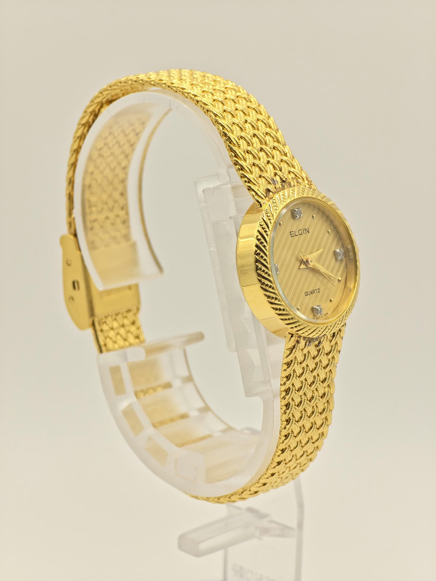 Elgin FK279 Gold Tone Ladies Quartz Watch – Textured Bracelet, Diamond-Style Markers, Swiss Made