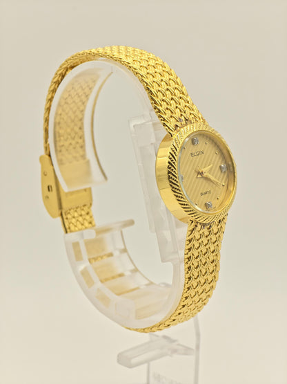 Elgin FK279 Gold Tone Ladies Quartz Watch – Textured Bracelet, Diamond-Style Markers, Swiss Made