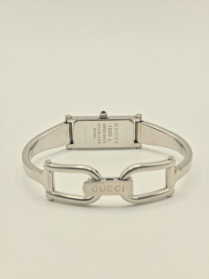 Gucci 1500L Ladies Swiss-Made Watch – Silver Bangle Bracelet – Black Rectangular Dial – Vintage Luxury