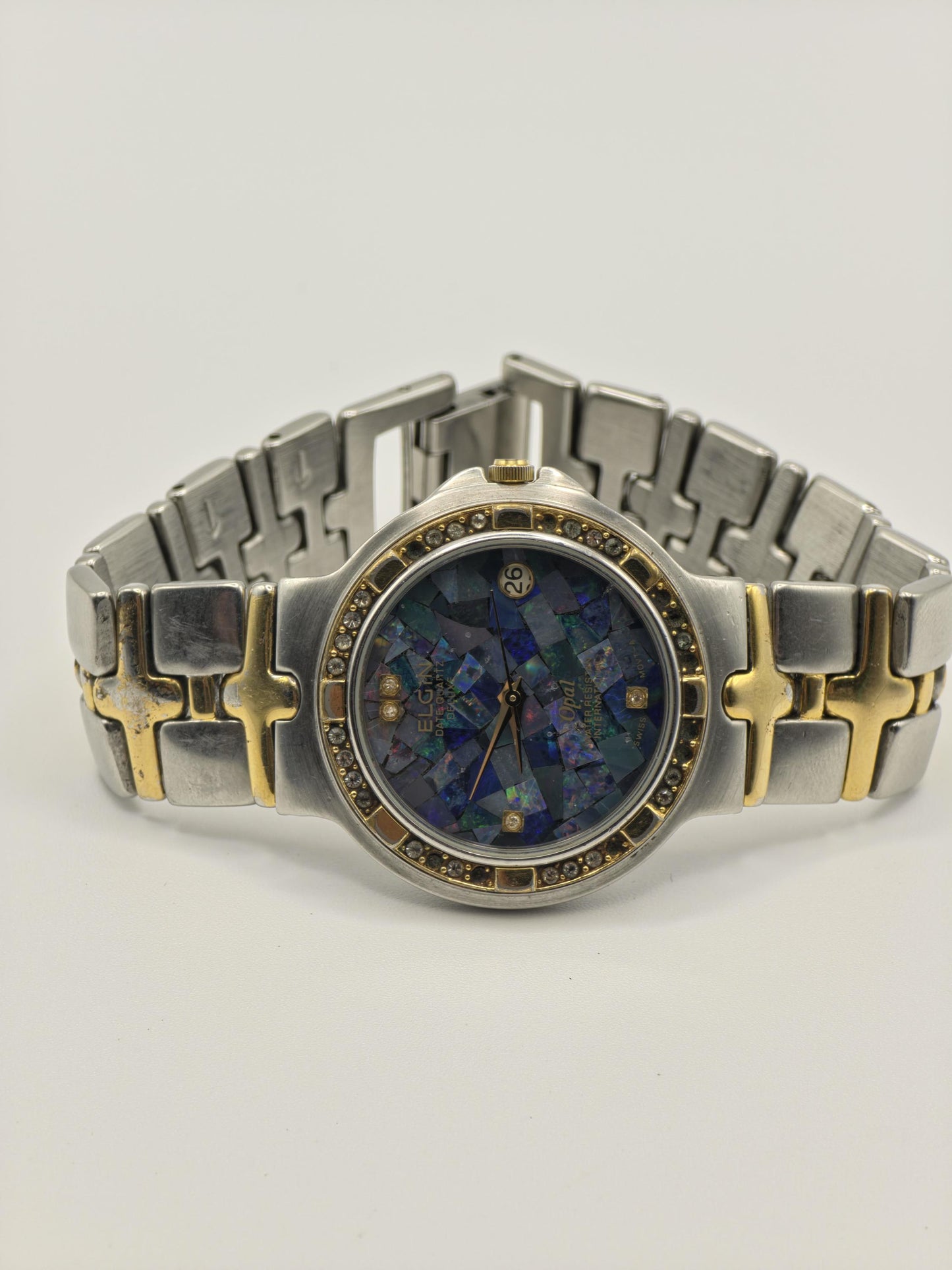 Elgin FK535-A Opal Dial Ladies Watch – Two-Tone Steel – Diamond Accent Bezel – Swiss Quartz Vintage