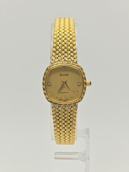 Elgin FK267 – Vintage Swiss Ladies’ Watch – Gold-Tone Weave Bracelet – Diamond-Style Indices – Quartz