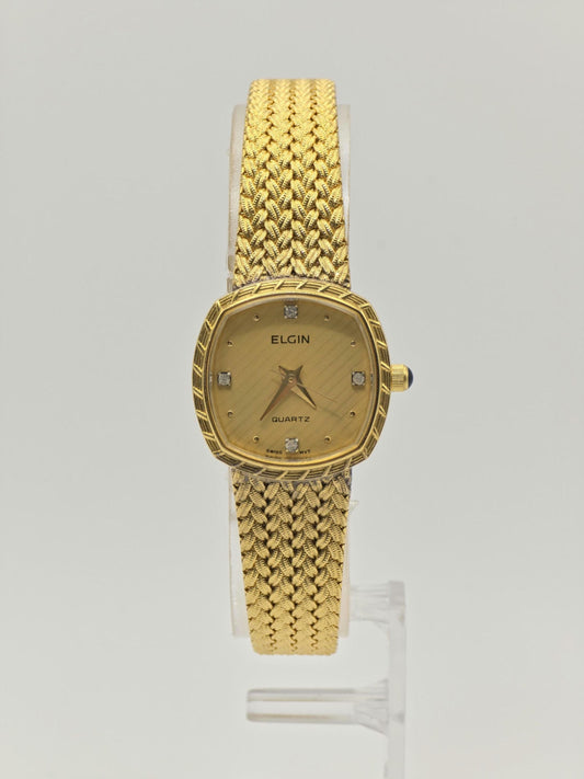 Elgin FK267 – Vintage Swiss Ladies’ Watch – Gold-Tone Weave Bracelet – Diamond-Style Indices – Quartz