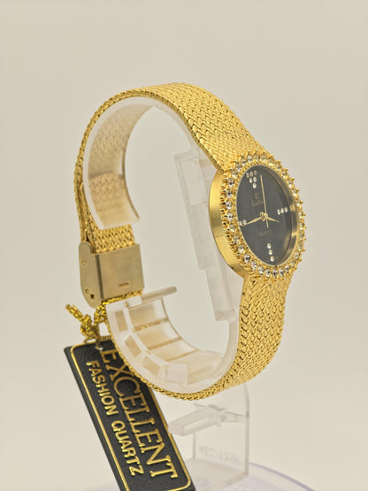 Vintage JE Excellent Quartz Gold Tone Watch Black Dial Crystal Bezel Japan Movt Unisex - 4