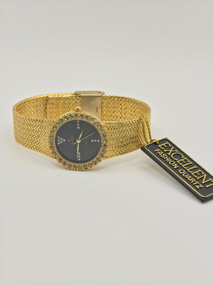 Vintage JE Excellent Quartz Gold Tone Watch Black Dial Crystal Bezel Japan Movt Unisex - 4