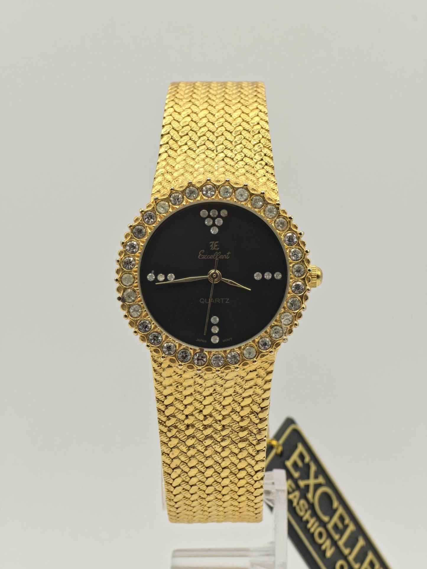 Vintage JE Excellent Quartz Gold Tone Watch Black Dial Crystal Bezel Japan Movt Unisex - 4