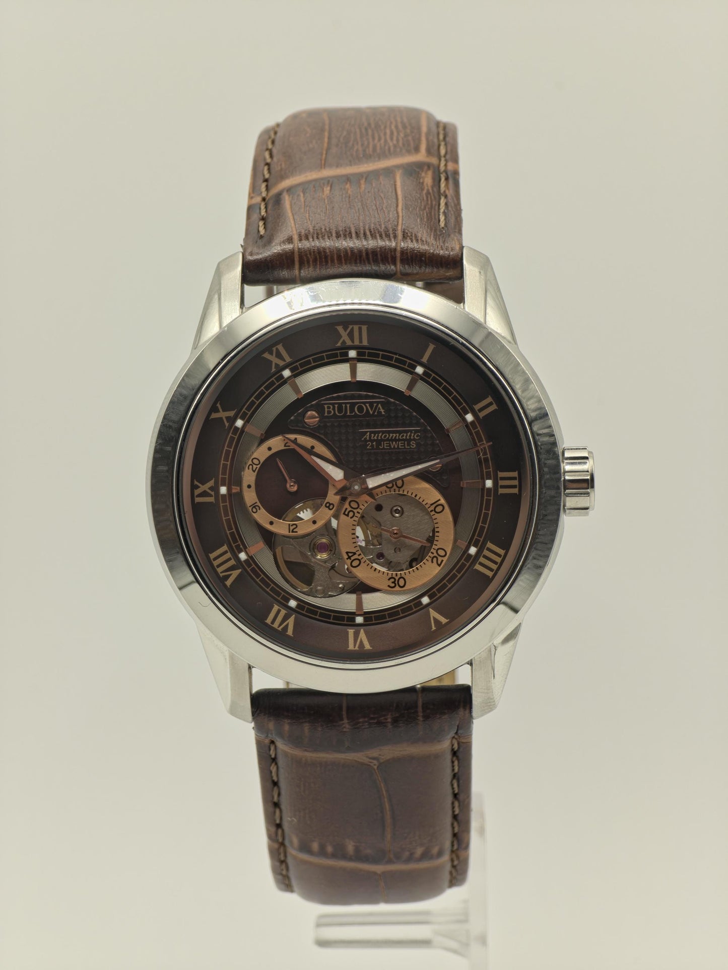 Bulova 96A120 Automatic Skeleton Watch Brown Dial Open Heart Leather Strap Japan Movt - 6