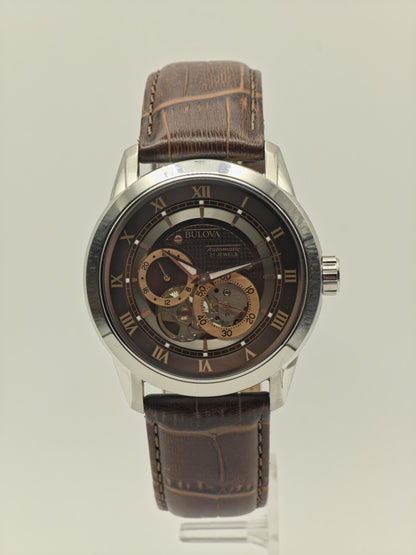 Bulova 96A120 Automatic Skeleton Watch Brown Dial Open Heart Leather Strap Japan Movt - 6